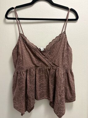 American Eagle Brown Eyelet Tank Top – Size Medium – 100% Cotton Low V-Neck Boho